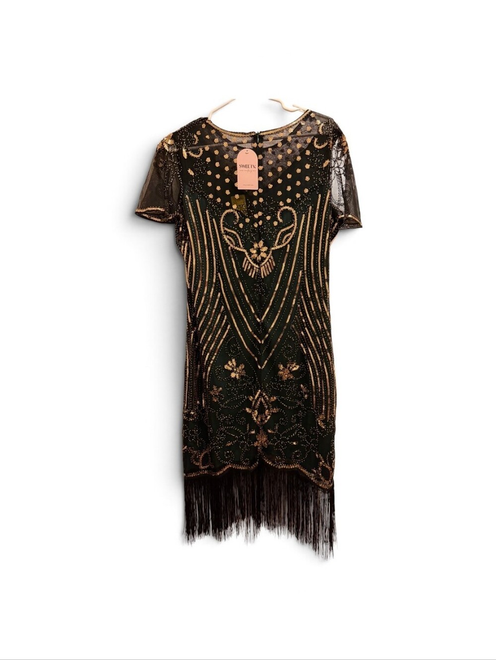 Black and Gold Beaded Fringe Midi Dress by WRETTA